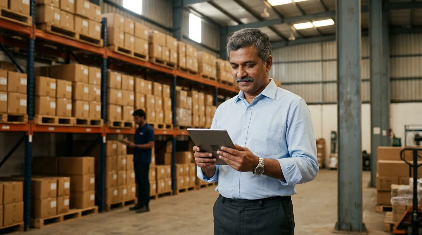 Business owner checking live stock on a tablet in his organised factory godown